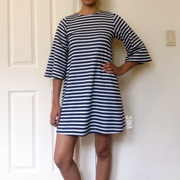 Zara 3/4 sleeve navy white striped mini dress DR - Picture 2 of 8